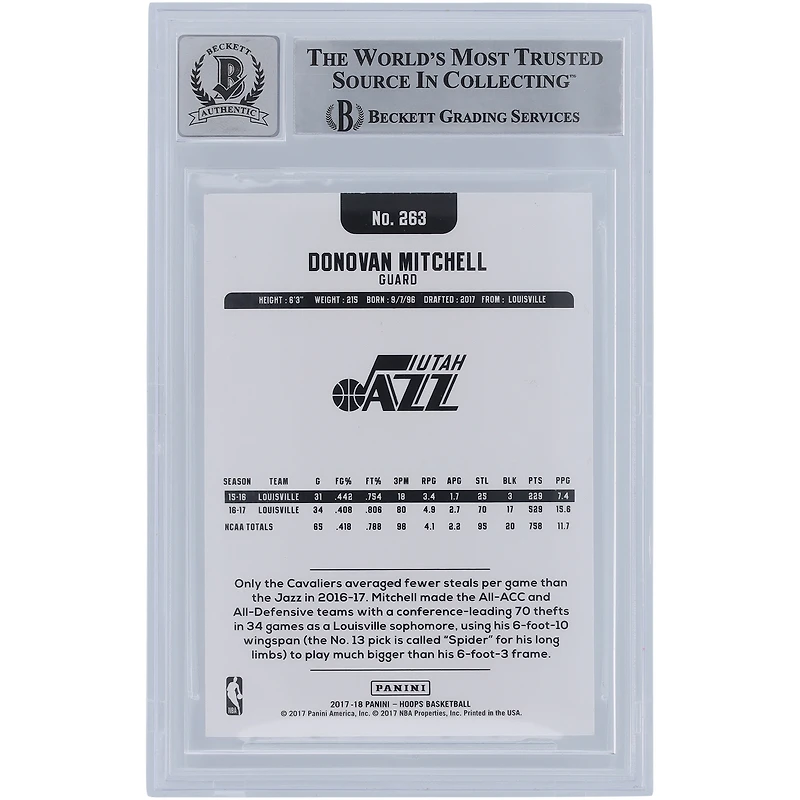 Donovan Mitchell Utah Jazz Autographed 2017-18 Panini Hoops Yellow Ink #263 Beckett Fanatics Witnessed Authenticated 10 Rookie Card