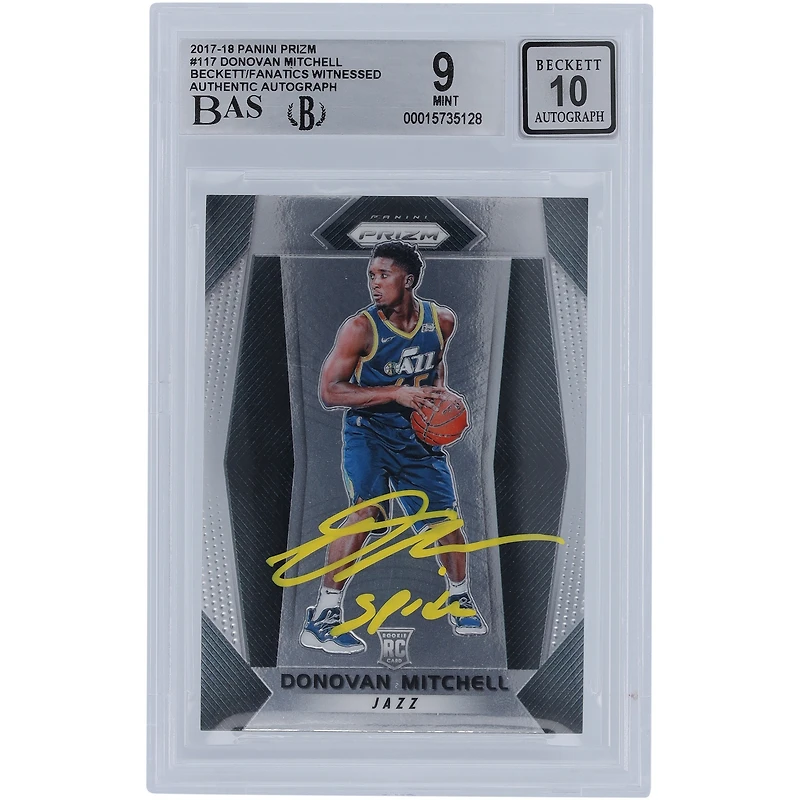 Carte de recrue 9/10 authentifiée 2017-18 Panini Prizm Yellow Ink #117 Beckett Fanatics Witnessed avec inscription « Spida » de Donovan Mitchell Utah Jazz