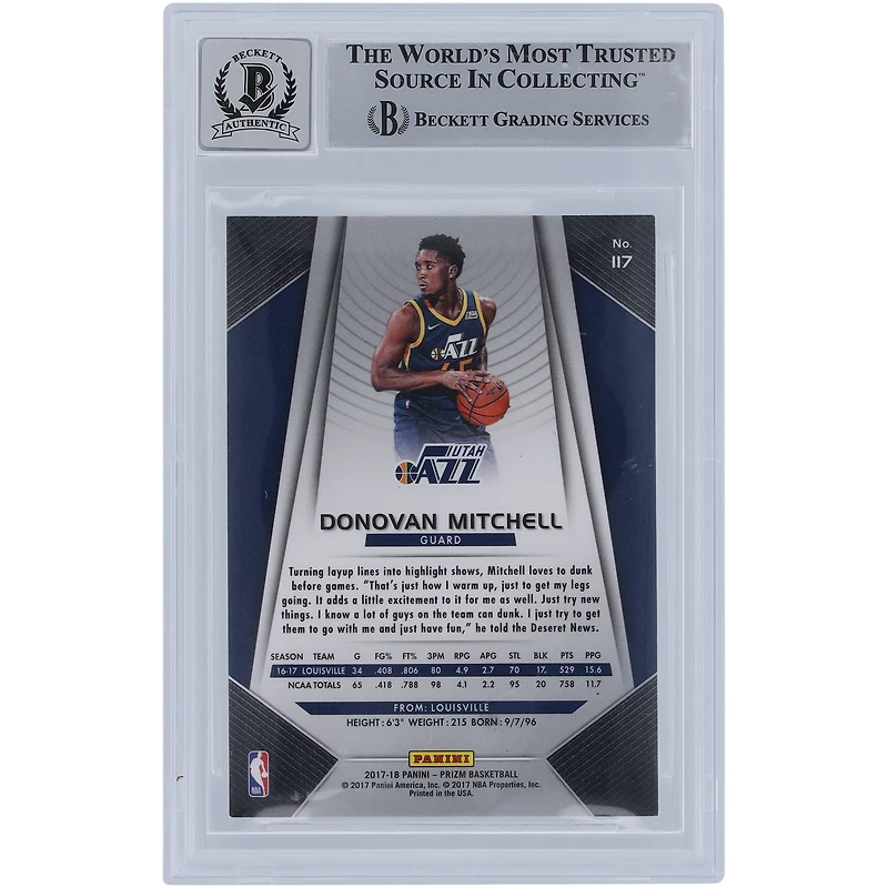 Carte de recrue 9/10 authentifiée 2017-18 Panini Prizm Yellow Ink #117 Beckett Fanatics Witnessed avec inscription « Spida » de Donovan Mitchell Utah Jazz
