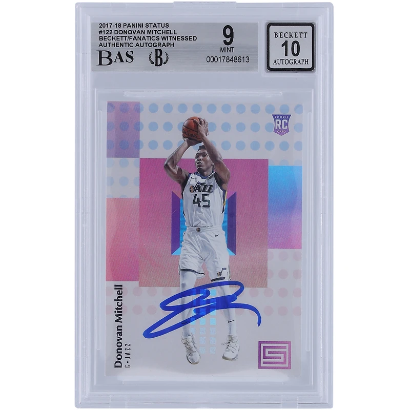 Donovan Mitchell Utah Jazz Autographed 2017-18 Panini Status #122 Beckett Fanatics Witnessed Authenticated 9/10 Rookie Card