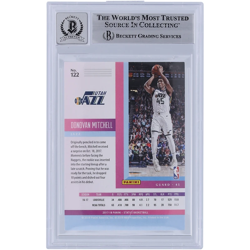 Donovan Mitchell Utah Jazz Autographed 2017-18 Panini Status #122 Beckett Fanatics Witnessed Authenticated 9/10 Rookie Card