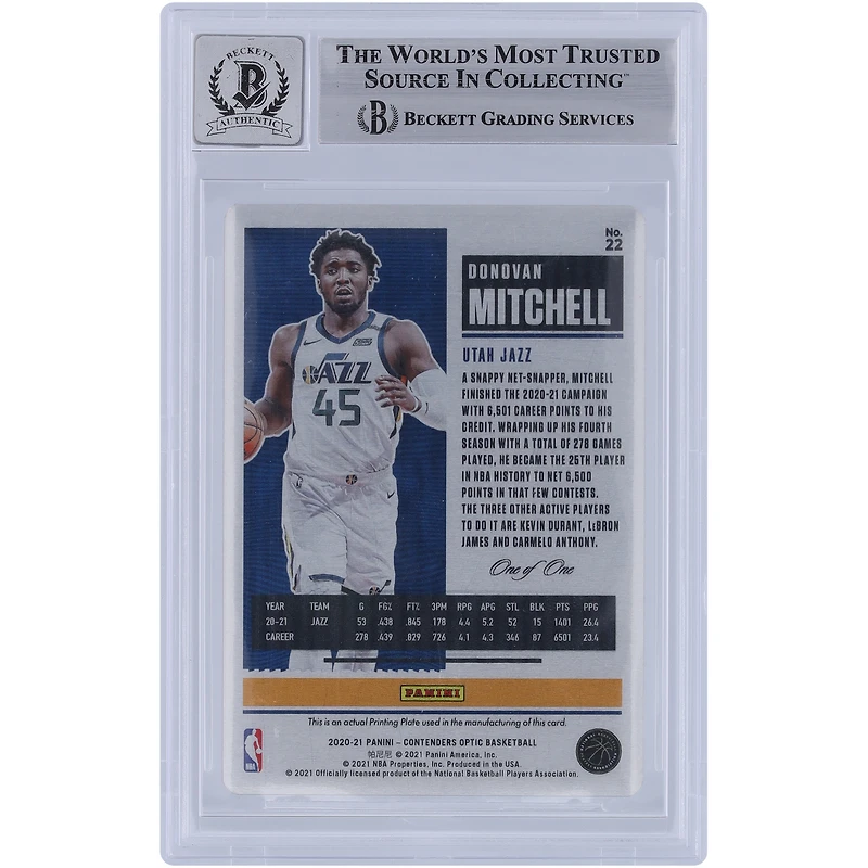 Donovan Mitchell Utah Jazz Autographié 2021-22 Panini Contenders Optic Black Impression Plaque #83 #1/1 Beckett Fanatics Witnessed Authenticated 9/10 Card
