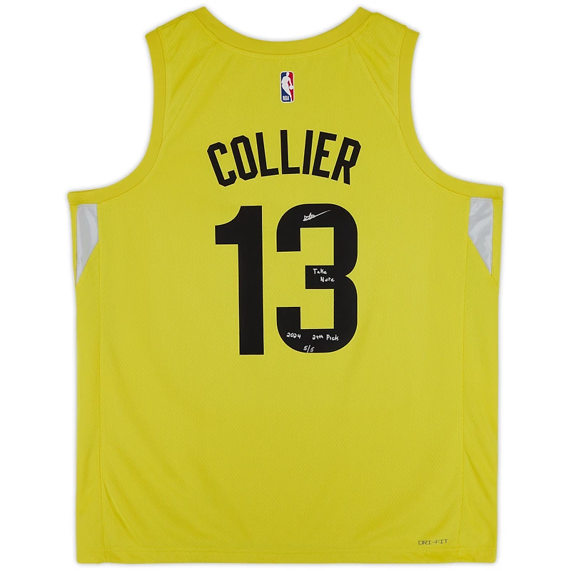 Isaiah Collier Utah Jazz Autographed Nike Gold Icon Swingman Jersey with "2024 29th Pick" & "Take Note" Inscriptions - Limited Edition #5/5
