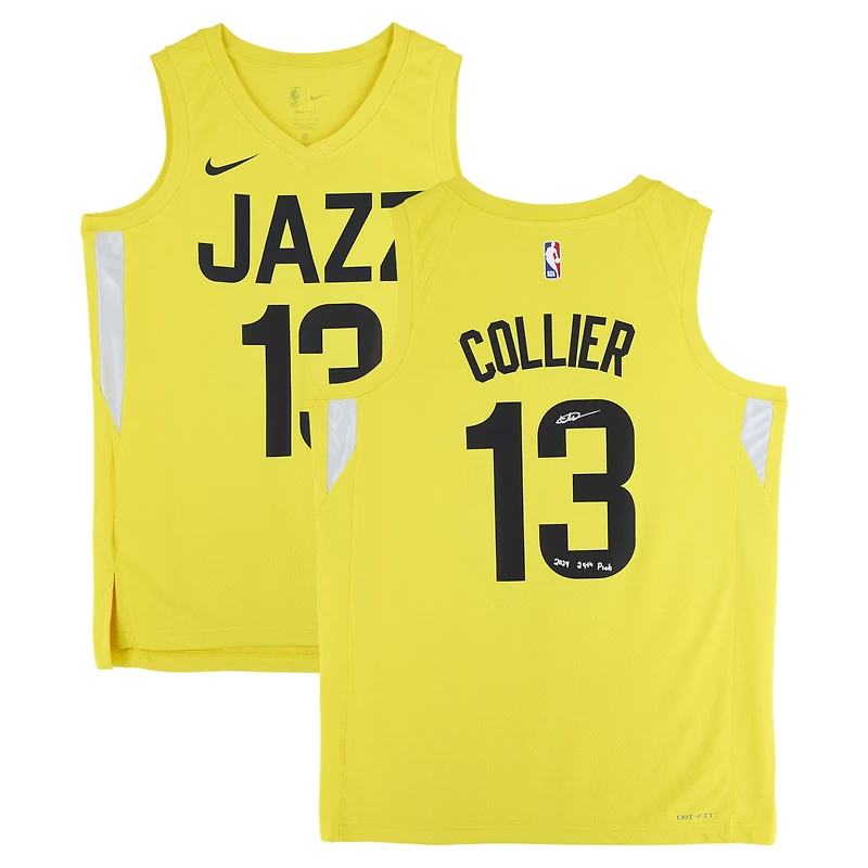 Maillot Nike Icon Swingman jaune dédicacé par Isaiah Collier des Utah Jazz pour la saison 2023-24, avec inscription « 29e choix »