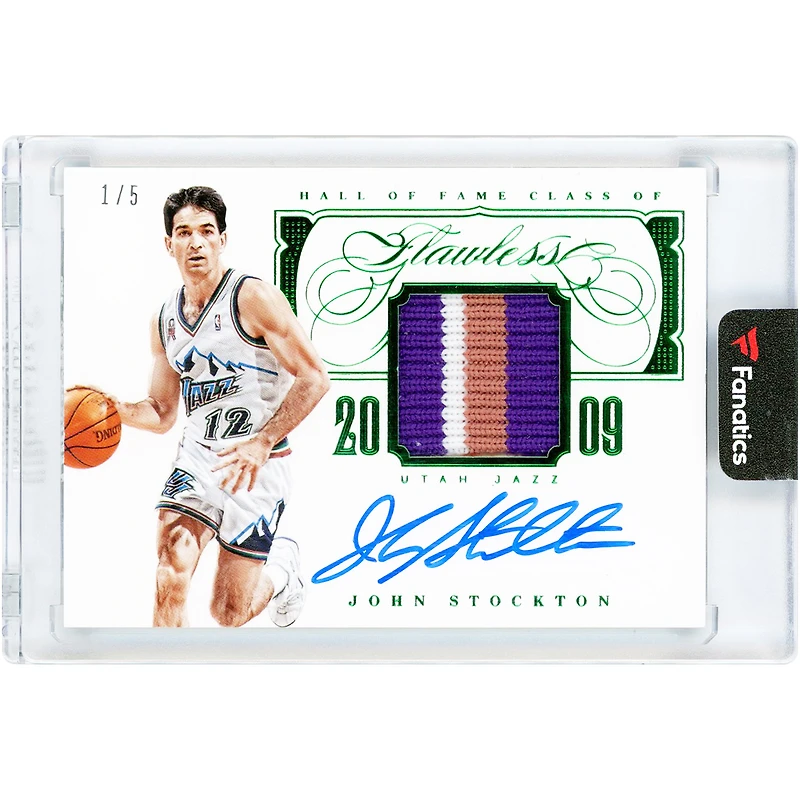 John Stockton Utah Jazz Autographed 2013-14 Panini Flawless Tri-Color Game-Used Relic Emerald #HOF-JS #1/5 Card