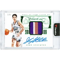 John Stockton Utah Jazz Autographed 2013-14 Panini Flawless Tri-Color Game-Used Relic Emerald #HOF-JS #1/5 Card