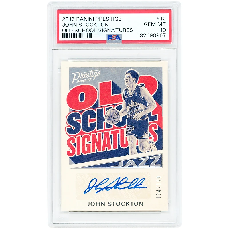 Carte autographiée de John Stockton (Utah Jazz) 2016-17 Panini Prestige Old School n° 12, n° 134/199, authentifiée par PSA.