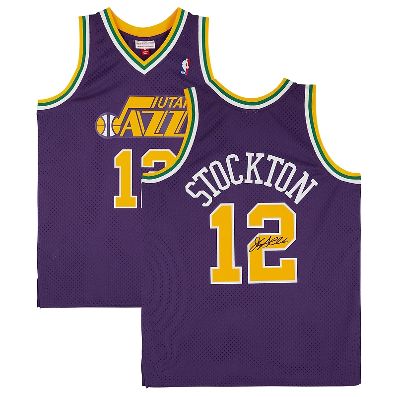 Maillot Swingman violet autographié par John Stockton du Utah Jazz 1991-92 de Mitchell & Ness