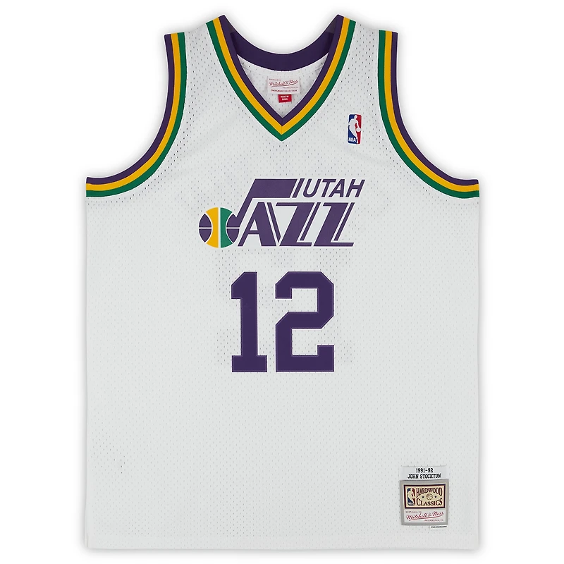 Maillot Swingman blanc autographié par John Stockton du Utah Jazz 1991-92 de Mitchell & Ness