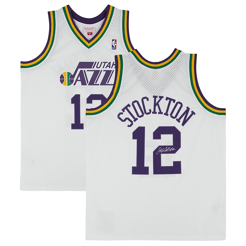 Maillot Swingman blanc autographié par John Stockton du Utah Jazz 1991-92 de Mitchell & Ness