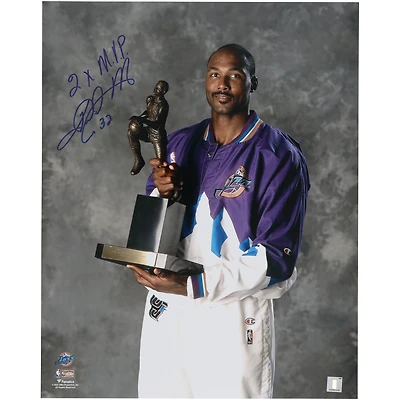 Karl Malone Utah Jazz Autographed 16" x 20" Holding MVP Trophy Photograph with "2X M.V.P." Inscription