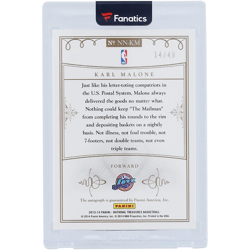 Karl Malone Utah Jazz Autographed 2013-14 Panini National Treasures Notable Nicknames #NN-KM #14/49 Card with "The Mailman" Inscription