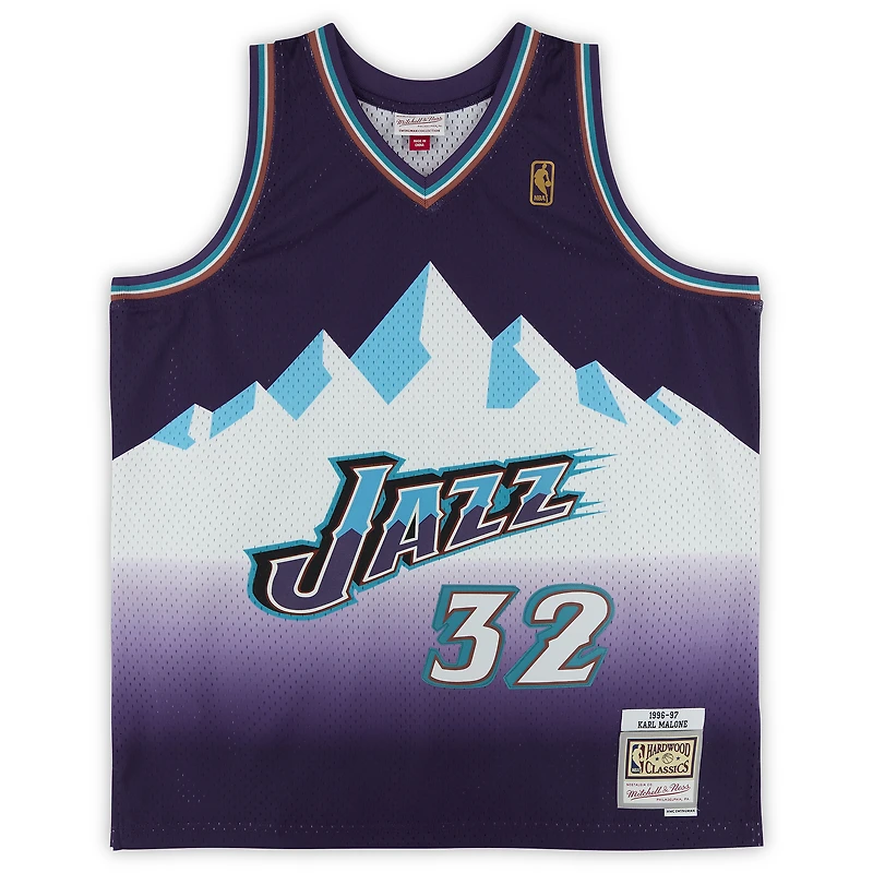Maillot Swingman violet Mitchell & Ness 1996 extérieur, signé par Karl Malone (Utah Jazz), avec plusieurs inscriptions - Édition limitée à 5 exemplaires