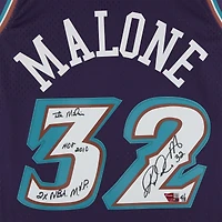 Maillot Swingman violet Mitchell & Ness 1996 extérieur, signé par Karl Malone (Utah Jazz), avec plusieurs inscriptions - Édition limitée à 5 exemplaires