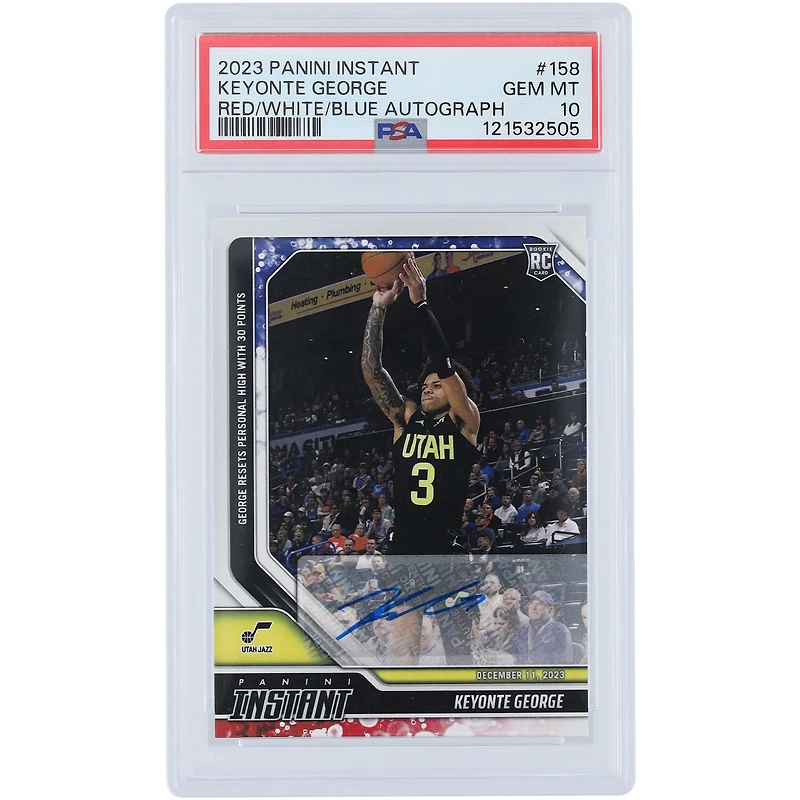 Carte de recrue autographiée de Keyonte George (Utah Jazz) 2023 Panini Instant Rouge Blanc Bleu n° 158, authentifiée PSA 10 et notée 8/10