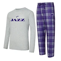 Ensemble t-shirt à manches longues et pantalon carreaux Utah Jazz Regulate violet/gris chiné pour homme