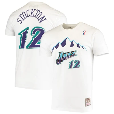 Men's Mitchell & Ness John Stockton White Utah Jazz Hardwood Classics Stitch Name Number T-Shirt