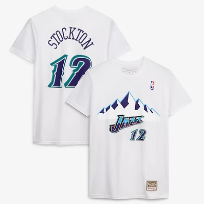 T-shirt Mitchell & Ness John Stockton blanc Utah Jazz Hardwood Classics Stitch Name Number pour hommes