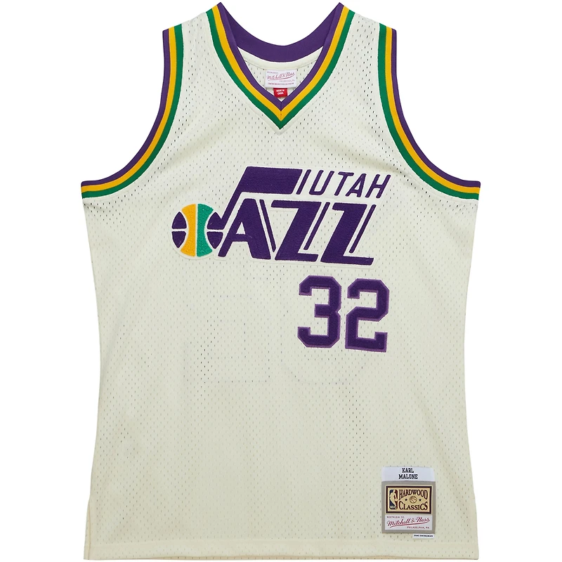 Men's Mitchell & Ness Karl Malone Cream Utah Jazz Chainstitch Swingman Jersey