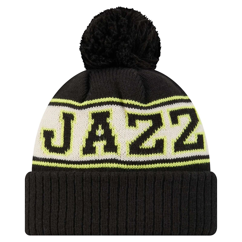 Bonnet en tricot à revers rétro Utah Jazz noir New Era pour homme avec pompon