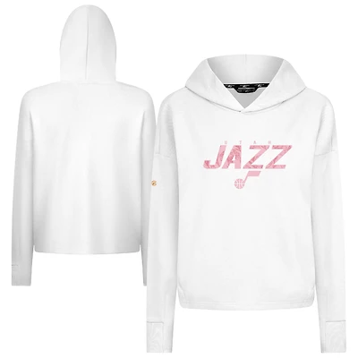 Women's Levelwear  White Utah Jazz Mother's Day Sweet Floral Cropped Tri-Blend Pullover Hoodie