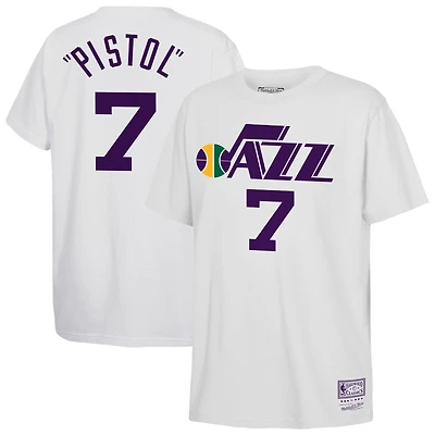 Youth Mitchell & Ness Pete Maravich White Utah Jazz Hardwood Classics Name Number T-Shirt