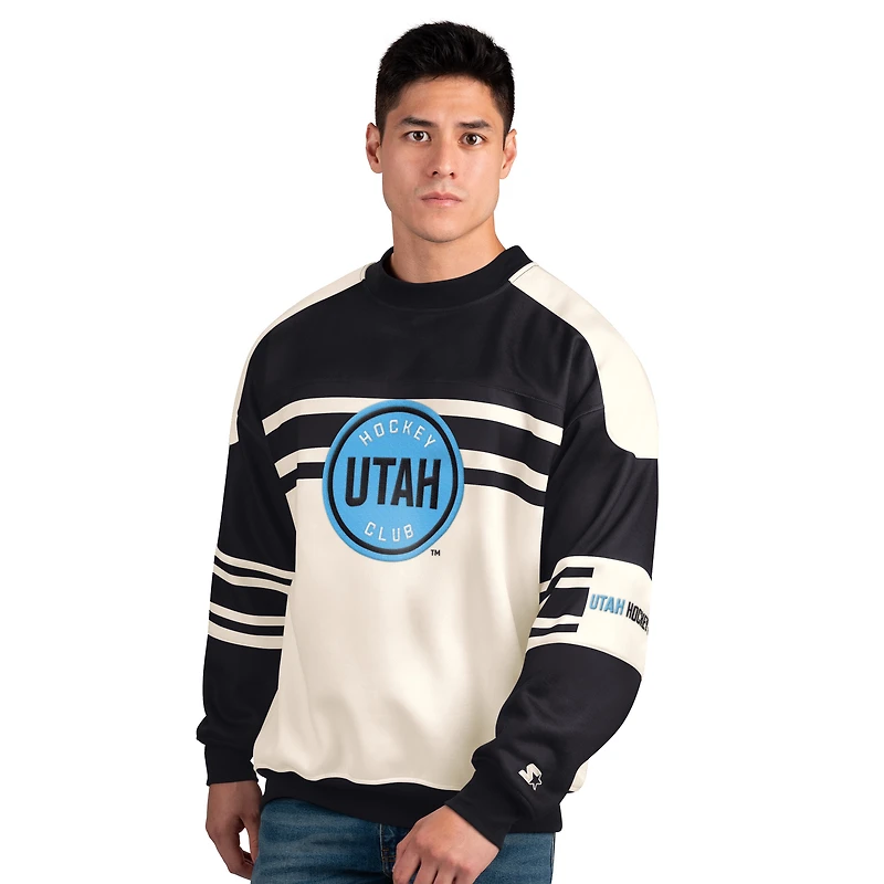 Men's Starter  White/Black Utah Hockey Club Defense Fleece Crewneck Pullover Sweatshirt