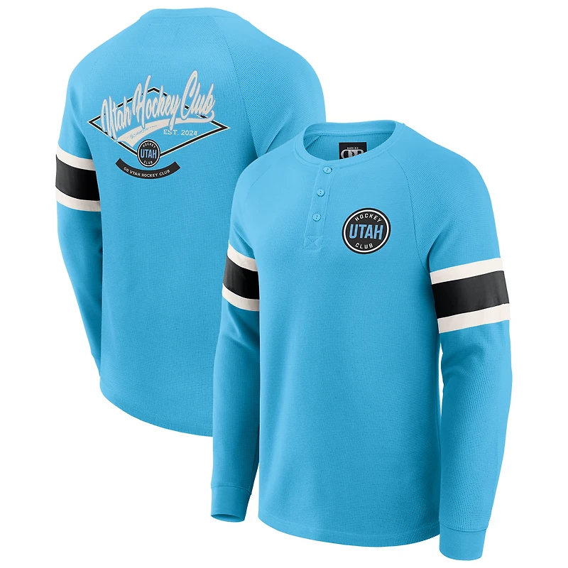 T-shirt Henley à manches longues raglan en tricot gaufré bleu clair pour homme de la collection Darius Rucker par Fanatics, Utah Hockey Club