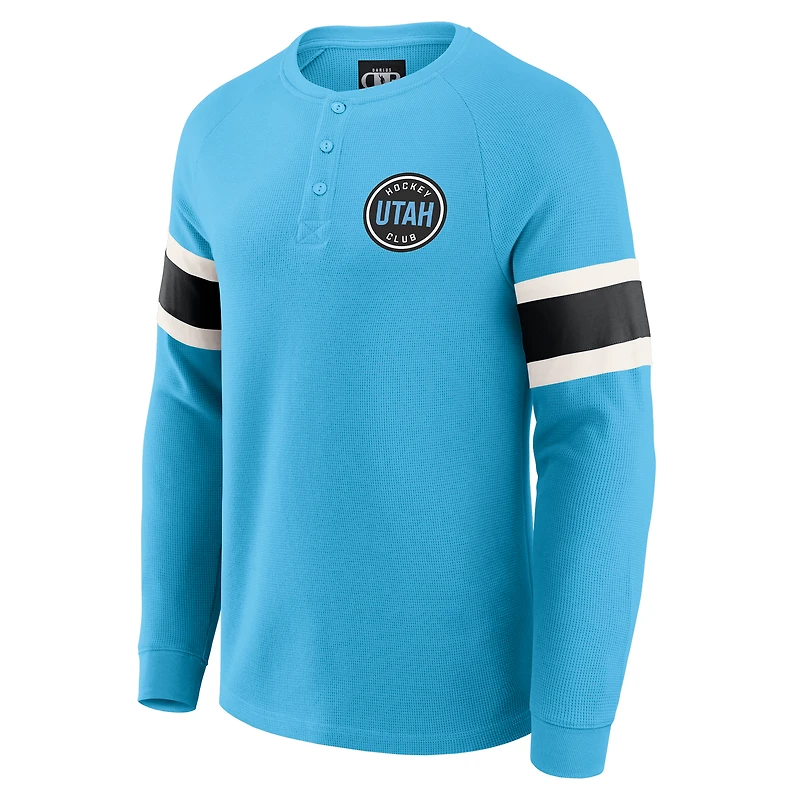 T-shirt Henley à manches longues raglan en tricot gaufré bleu clair pour homme de la collection Darius Rucker par Fanatics, Utah Hockey Club
