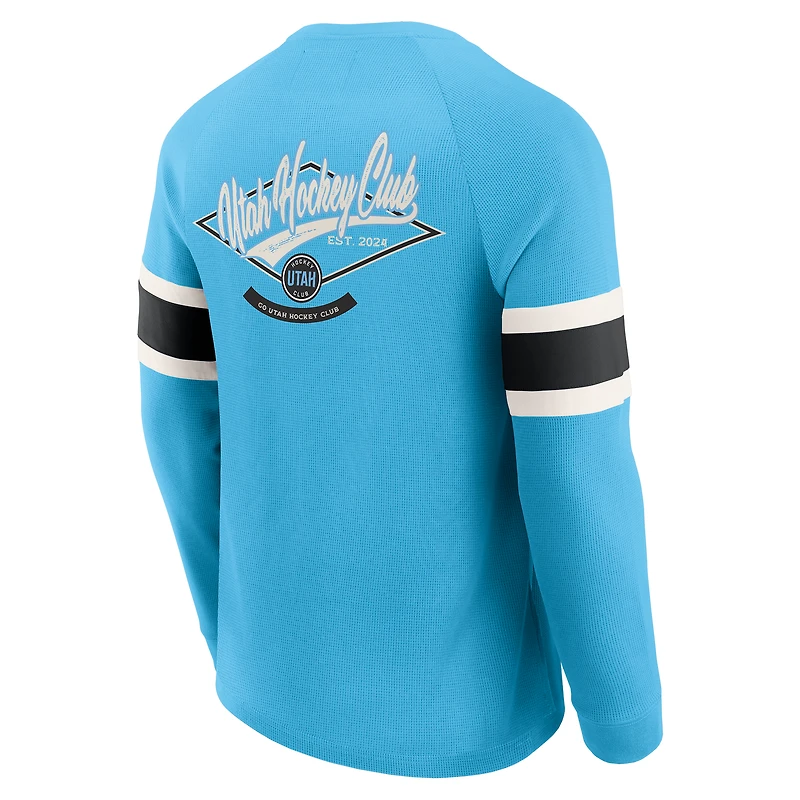 T-shirt Henley à manches longues raglan en tricot gaufré bleu clair pour homme de la collection Darius Rucker par Fanatics, Utah Hockey Club