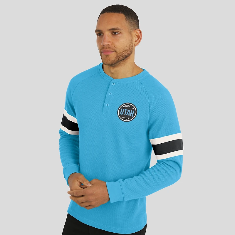 T-shirt Henley à manches longues raglan en tricot gaufré bleu clair pour homme de la collection Darius Rucker par Fanatics, Utah Hockey Club