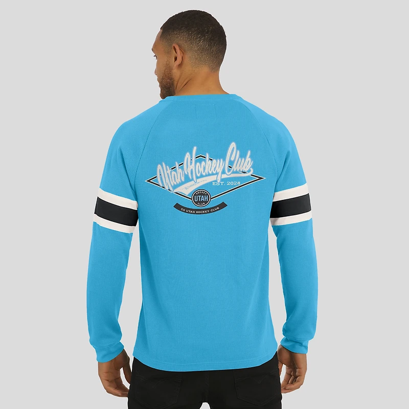 T-shirt Henley à manches longues raglan en tricot gaufré bleu clair pour homme de la collection Darius Rucker par Fanatics, Utah Hockey Club