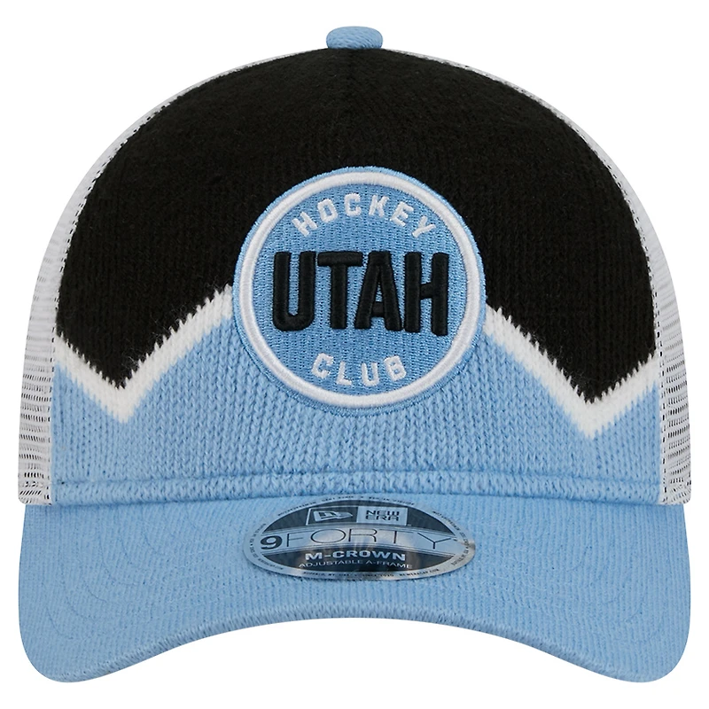 Casquette de camionneur ajustable 9FORTY A-Frame M-Crown bleu clair/noir New Era pour homme Utah Mammoth Hockey Sock