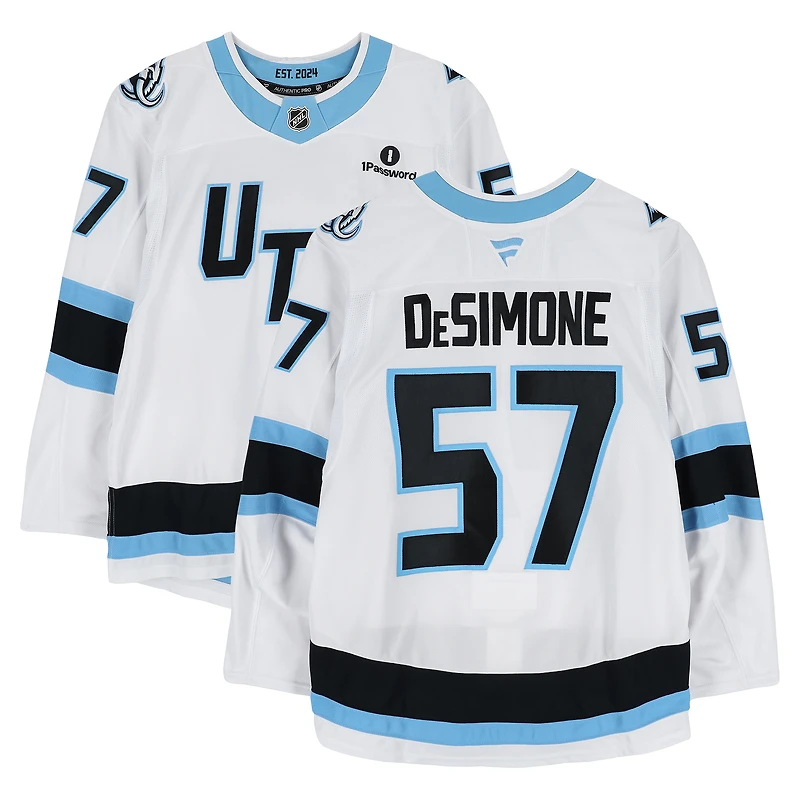 Maillot authentique professionnel blanc n° 57 de Nick DeSimone, porté par le joueur des Utah Mammoths lors des séries éliminatoires de la Coupe Stanley 2026.