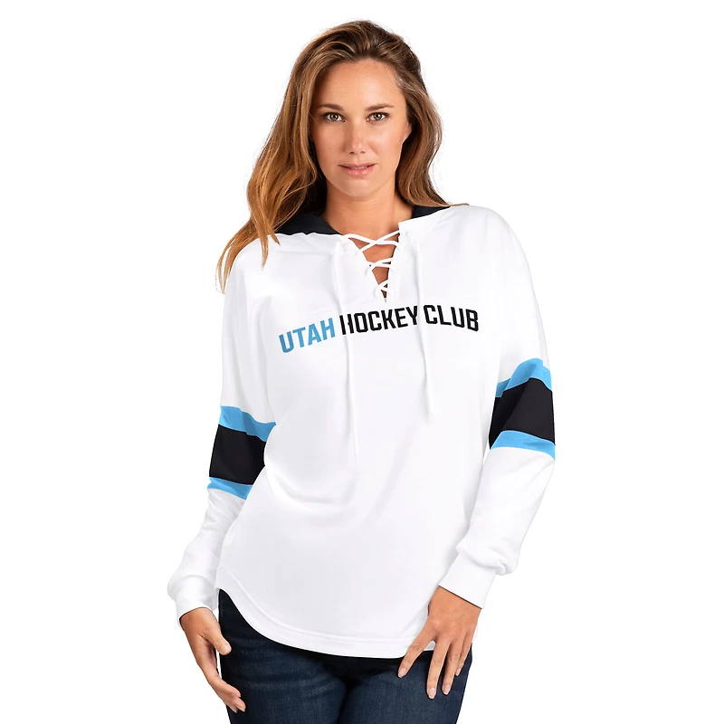 Women's G-III 4Her by Carl Banks White Utah Mammoth Goal Zone Long Sleeve Lace-Up Hoodie T-Shirt