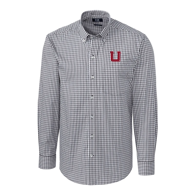 Men's Cutter & Buck Charcoal Utah Utes Easy Care Stretch Gingham Big Tall Long Sleeve Button-Down Shirt