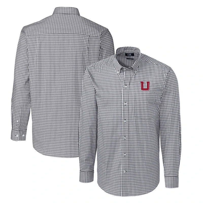 Men's Cutter & Buck Charcoal Utah Utes Easy Care Stretch Gingham Big Tall Long Sleeve Button-Down Shirt