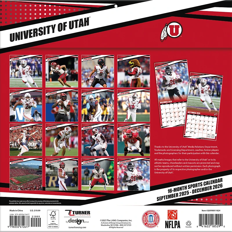 Utah Utes 12” x 12” 2026 Team Wall Calendar