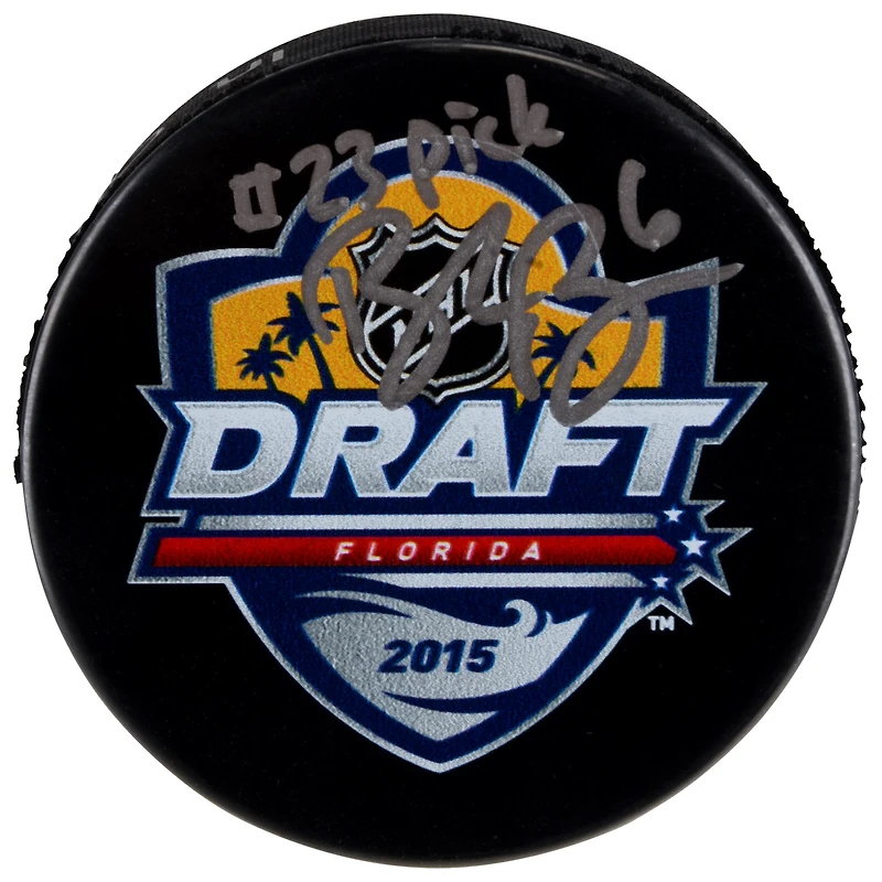 Rondelle de hockey dédicacée par Brock Boeser des Canucks de Vancouver avec logo du repêchage 2015 de la LNH avec inscription « #23 Pick »