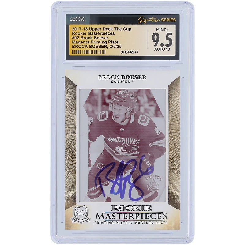 Brock Boeser Vancouver Canucks Autographed 2017-18 Upper Deck The Cup Rookie Masterpieces Magenta Printing Plate #92 #1/1 CGC Fanatics Witnessed Authenticated 9.5/10 Rookie Card