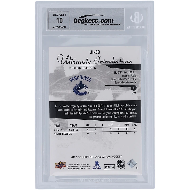 Carte de recrue autographiée 2017-18 Upper Deck Ultimate Collection Ultimate Introductions #UI-39 Beckett Fanatics Witnessed Authenticated 10 Rookie Card de Brock Boeser Vancouver Canucks