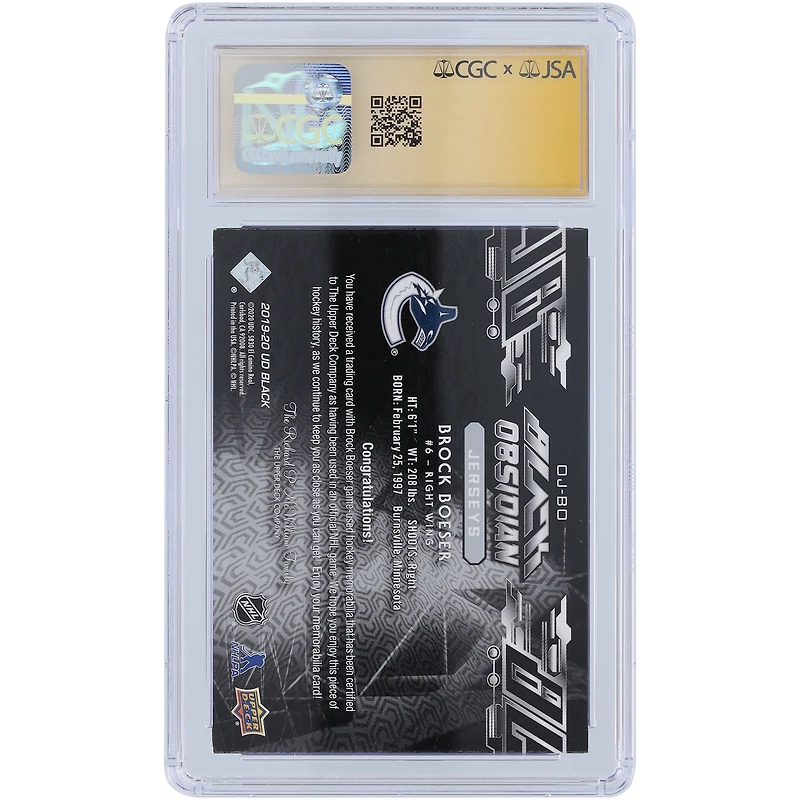 Maillot Upper Deck noir obsidienne autographié par Brock Boeser des Canucks de Vancouver 2019-20, relique bleue #OJ-BO, carte Auto 10 authentifiée par les fanatiques de CGC