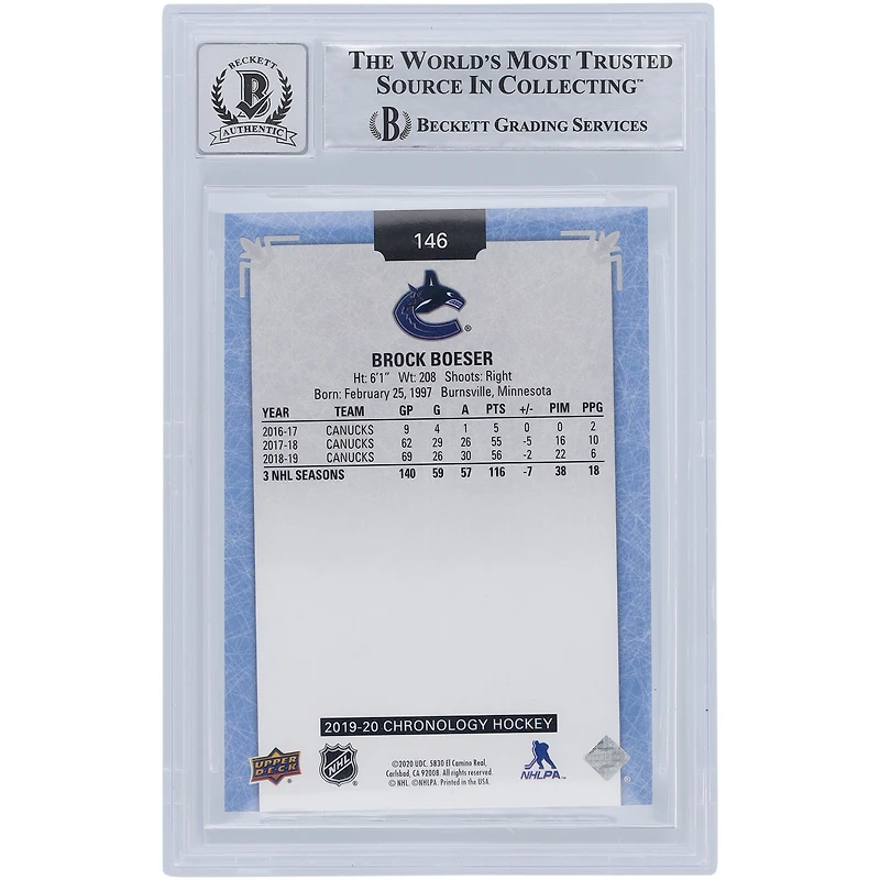 Brock Boeser Vancouver Canucks Autographed 2019-20 Upper Deck Chronology #146 #/122 Beckett Fanatics Witnessed Authenticated 10 Card