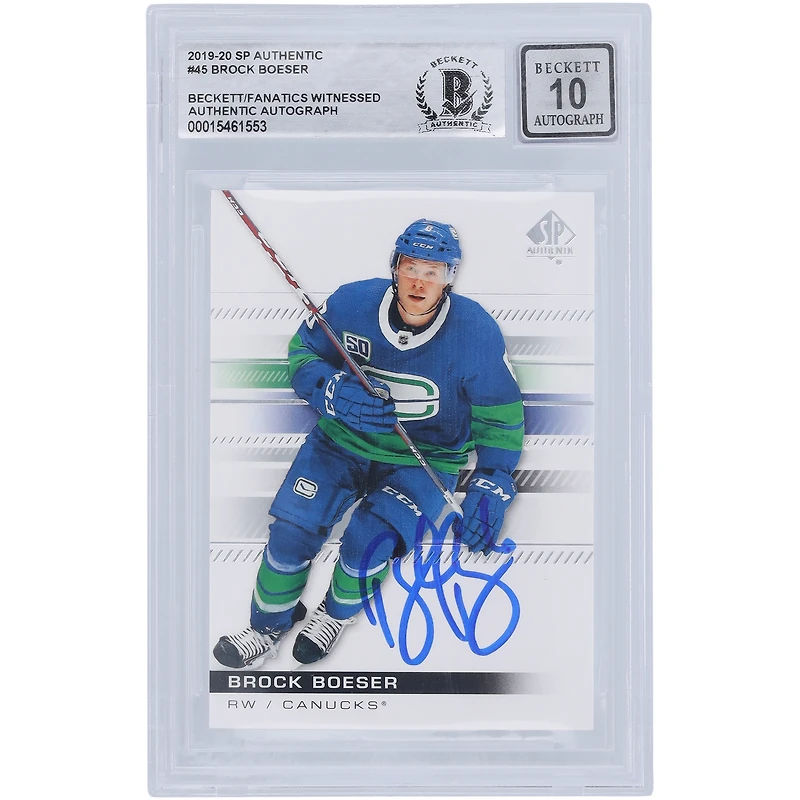 Carte autographiée 2019-20 Upper Deck SP authentique n° 45 Beckett Fanatics Witnessed Authenticated 10 de Brock Boeser Vancouver Canucks