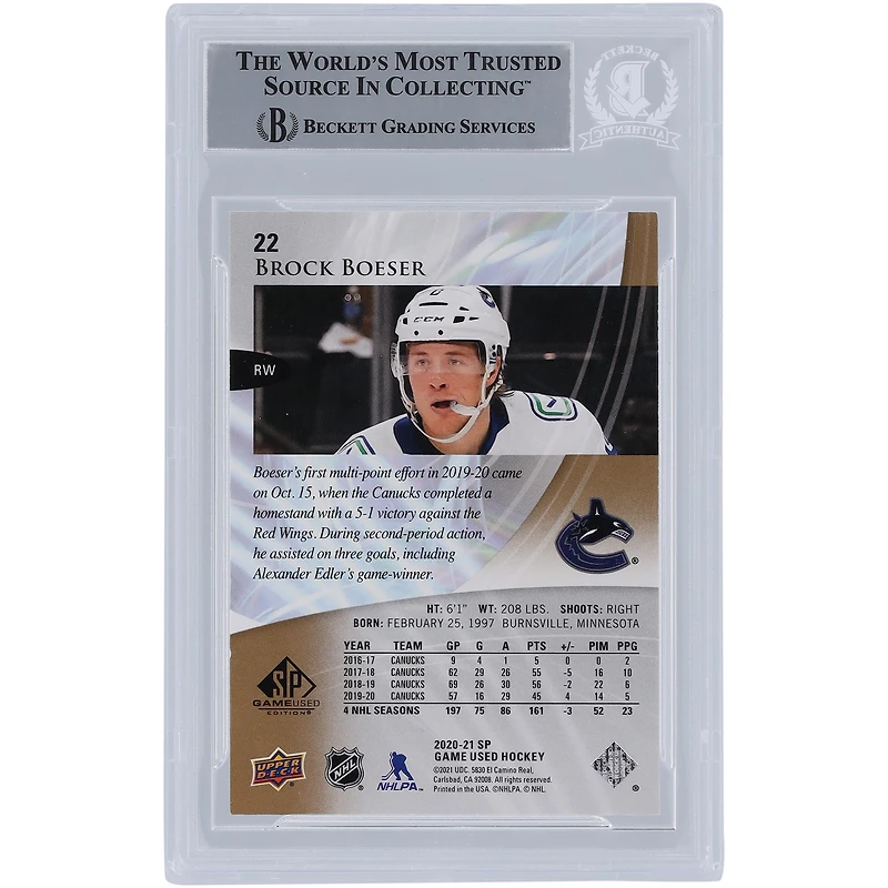 Carte authentifiée autographiée Brock Boeser Vancouver Canucks 2020-21 Upper Deck SP utilisée dans le jeu Golden Burst #22 #/265 Beckett Fanatics