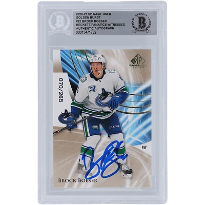 Carte authentifiée autographiée Brock Boeser Vancouver Canucks 2020-21 Upper Deck SP utilisée dans le jeu Golden Burst #22 #/265 Beckett Fanatics