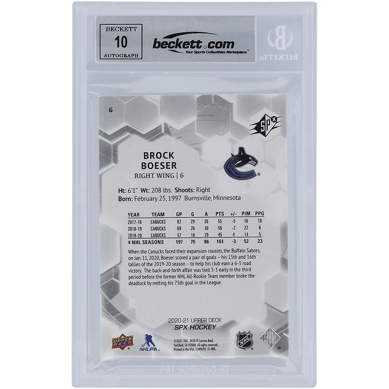 Brock Boeser Vancouver Canucks Autographed 2020-21 Upper Deck SPX #6 #/299 Beckett Fanatics Witnessed Authenticated 10 Card