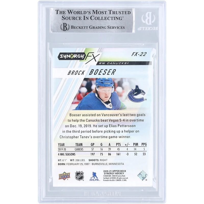 Carte autographiée Upper Deck Synergy FX #FX-22 #258/749 des Canucks de Vancouver de Brock Boeser, signée Beckett Fanatics, authentifiée par témoin