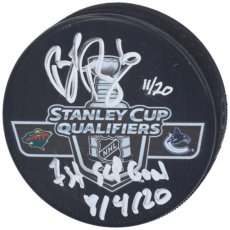 Brock Boeser Vancouver Canucks Autographed 2020 Stanley Cup Qualifiers vs. Minnesota Wild Match-Up Puck with "1st SCP Goal 8/4/20" Inscription- Limited Edition of 20
