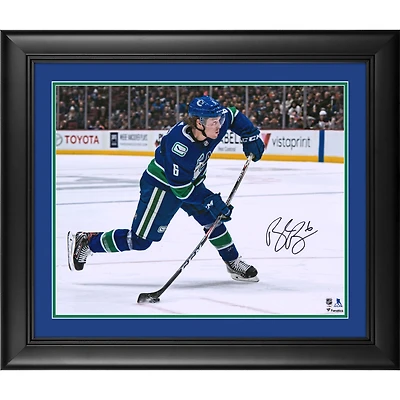 Brock Boeser Vancouver Canucks Framed Autographed 16" x 20" Blue Jersey Shooting Photograph